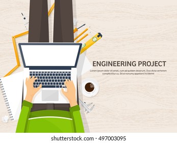Engineering and architecture design.Flat style.Technical drawing,mechanical engineering.Building construction,trends in design or architecture.Engineering workplace with tools.Industrial architecture.