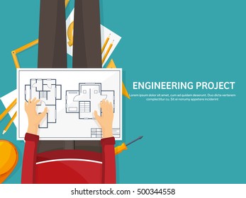 Engineering and architecture design.Flat style.Technical drawing,mechanical engineering.Building construction,trends in design or architecture.Engineering workplace with tools.Industrial architecture.