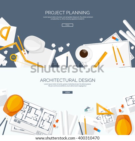 Engineering and architecture design.Flat style.Technical drawing,mechanical engineering.Building construction,trends in design or architecture.Engineering workplace with tools.Industrial architecture.
