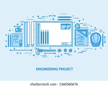 Engineering and architecture. Drawing construction. Architectural project. Design sketching. Workspace with tools. Planning building. Flat blue outline background. Line art vector illustration.