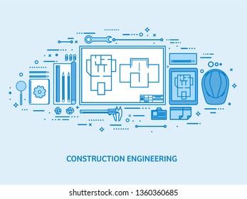 Engineering and architecture. Drawing construction. Architectural project. Design sketching. Workspace with tools. Planning building. Flat blue outline background. Line art vector illustration.