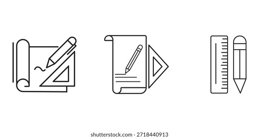 Ícones das ferramentas de desenho de engenharia e arquitetura. Design Arquitetônico Blueprint Ícone com Lápis e Triângulo Ruler para Engenharia e Projetos de Construção linha . Desenho técnico papel lápis régua e conjunto triângulo.