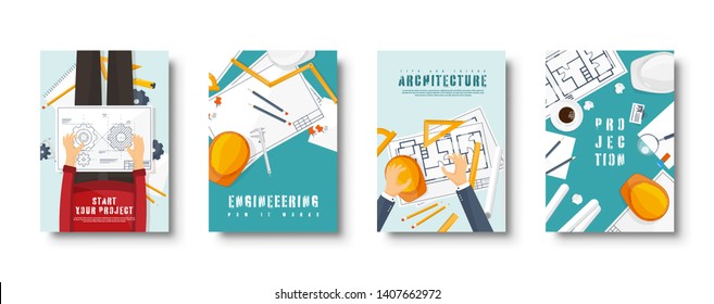 Engineering And Architecture Flat Style Covers Set. Drawing Construction. Architectural Project. Design And Sketching. Workspace With Tools. Planning, Building. Vector Illustration.