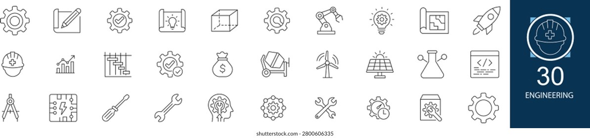 Engineering and architecture line icon set with 30 icons blueprint, construction, measurement, tools, structure, crane, drafting, project. Clean linear vector, editable stroke.