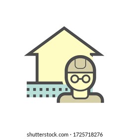 Engineering, architecture vector icon. Include soil, builder man with safety hard hat for design, control, construction and inspection home house building i.e. civil engineer, architect, contractor.
