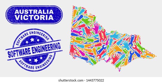 Engineering Australian Victoria map and blue Software Engineering scratched seal stamp. Colored vector Australian Victoria map mosaic of tools parts. Blue rounded Software Engineering stamp.