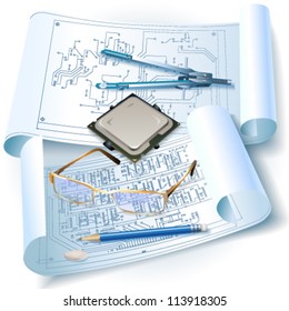 Engineering background with a circuit board, rolls of drawings and drawing tools