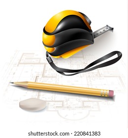 Engineering background with technical drawings, measure tape (roulette) and drawing tools