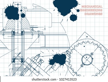 Engineering backgrounds. Mechanical engineering drawings. Cover. Technical Design. Blueprints. Draft. Ink. Blots