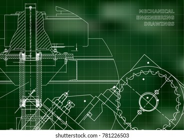 Engineering backgrounds. Mechanical engineering drawings. Cover. Technical Design. Blueprints. Green background. Grid