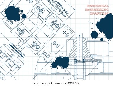 Engineering backgrounds. Technical Design. Mechanical engineering drawings. Blueprints. Draft. Ink. Blots