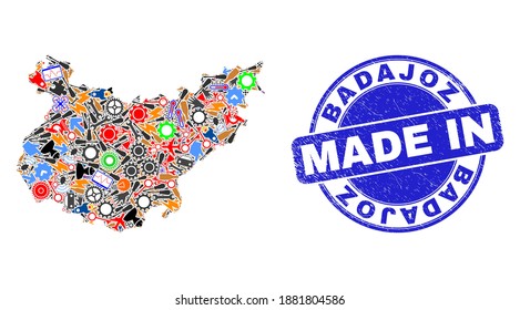 Engineering Badajoz Province map mosaic and MADE IN distress stamp. Badajoz Province map mosaic composed with wrenches,cogs,screwdrivers,items,transports,power bolts,rockets.