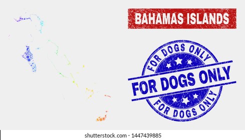 Engineering Bahamas Islands map and blue For Dogs Only scratched stamp. Spectral gradient vector Bahamas Islands map mosaic of equipment elements. Blue rounded For Dogs Only stamp.