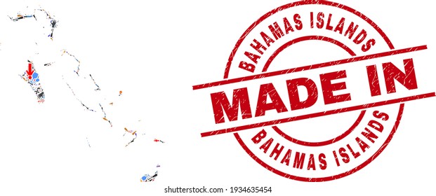 Engineering Bahamas Inseln Karte Mosaik und MADE IN Notress Stempel Siegel. Die Bahamas Islands bilden eine Collage, die mit Armbrüsten, Rädern, Instrumenten, Luftfahrtsymbolen, Transporten, Motorschrauben, Helmen erstellt wurde.