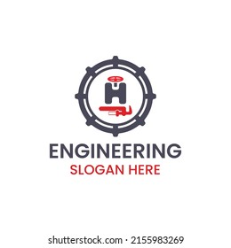 Plantilla del logotipo de la letra del vector H combinada con la válvula de bola, la llave de tubo y el engranaje, Perfecto para la ingeniería, la fontanería o actividades conexas.