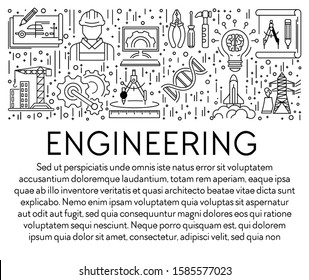 Engineering banner template with graphic linear icons and text