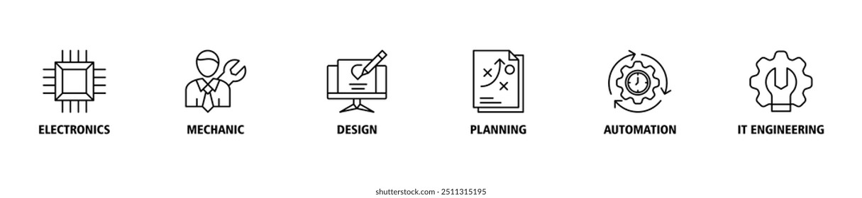 Banner de engenharia ícone web conjunto ilustração conceito com ícone de eletrônica, mecânica, design, planejamento, automação e engenharia de ti ícones símbolo perfeito fundo