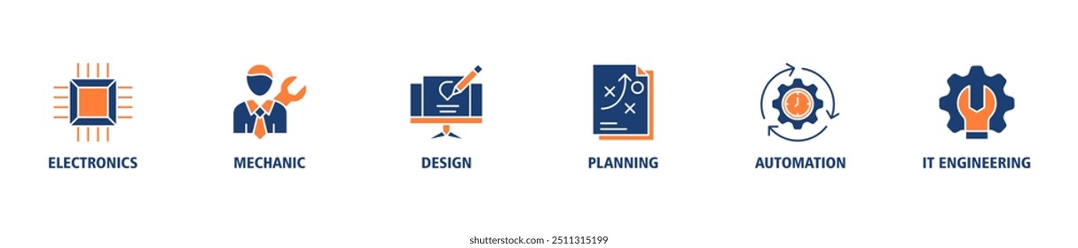 Banner de engenharia ícone web conjunto ilustração conceito com ícone de eletrônica, mecânica, design, planejamento, automação e engenharia de ti ícones símbolo perfeito fundo