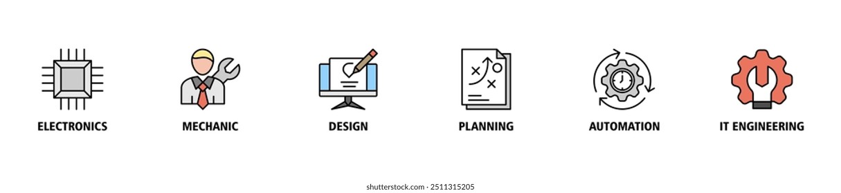 Banner de engenharia ícone web conjunto ilustração conceito com ícone de eletrônica, mecânica, design, planejamento, automação e engenharia de ti ícones símbolo perfeito fundo ao vivo traçado e fácil de editar