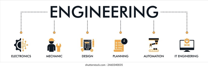 Engineering banner web icon vector illustration concept with icon of electronics, mechanic, design, planning, automation and it engineering