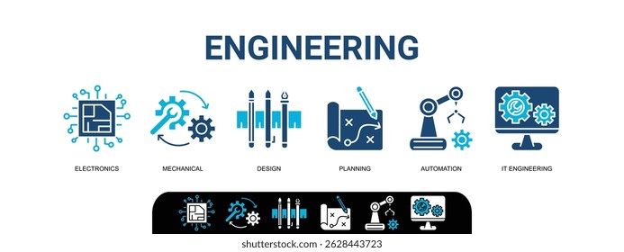 Engenharia banner web icon vetor ilustração engenharia. eletrônica, eletrônico, mecânico, design, planejamento, automação, engenharia de ti, infográfico, modelo, conceito, banner, ícone conjunto, ícones 