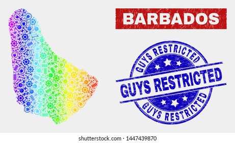 Engineering Barbados map and blue Guys Restricted grunge seal stamp. Spectrum gradient vector Barbados map mosaic of productivity elements. Blue round Guys Restricted stamp.