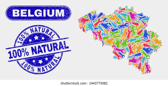 Engineering Belgium map and blue 100% Natural scratched seal stamp. Colorful vector Belgium map mosaic of engineering parts. Blue round 100% Natural stamp.