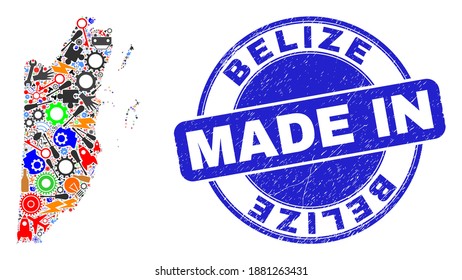 Engineering Belize map mosaic and MADE IN scratched rubber stamp. Belize map collage composed from wrenches,wheels, tools,elements,cars, electric bolts,rockets.