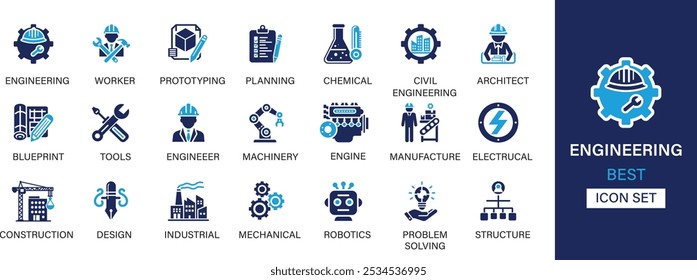 Engineering best solid icon set collection. Worker, prototyping, planning, chemical, architect, blueprint, tools, machinery, engine and vector illustration.