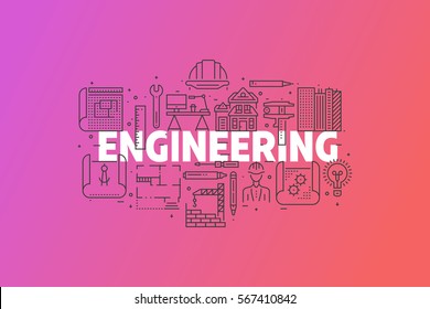 Engineering And Blueprint Banner Illustration. Line Icons Design Set