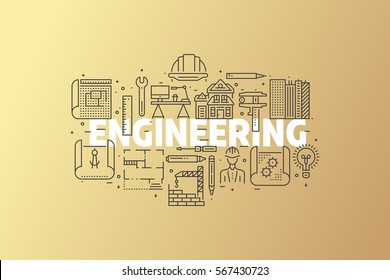 Engineering And Blueprint Banner Illustration. Line Icons Design Set. For Poster, Header, Web. Line Logo Pictograms