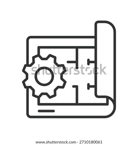 Engineering blueprint icon in line design. plan, draft, structure, concept, sheet, gear, mapping on white background vector. engineering plan editable stroke icon