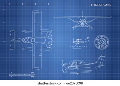 Engineering Blueprint Of Plane. Hydroplane View: Top, Side And Front. Industrial Drawing Of Aircraft. Vector Illustration.