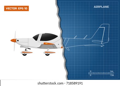Engineering blueprint of plane. Side view of sport airplane. Industrial drawing of aircraft. Vector illustration
