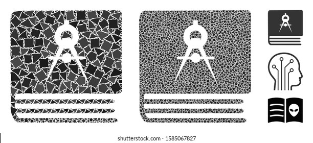 Engineering book icon mosaic of rough elements in variable sizes and color hues, based on engineering book icon. Vector abrupt pieces are grouped into collage.