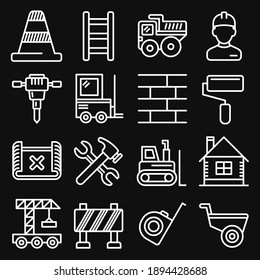 Engineering Building Construction Icons Set on Black Background. Line Style Vector illustration