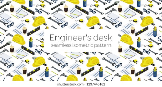 Engineering and building. Flat isometric illustration. Mechanical engineering. Coffee, helmet and tools .Engineering workplace.Industrial architecture. Seamless pattern on a white background