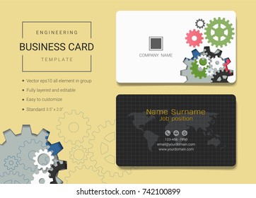Engineering business name card design template, Simple style also modern and elegant with abstract gears machine background, It's fully layered and editable, Easy to customize it to fit your needs.