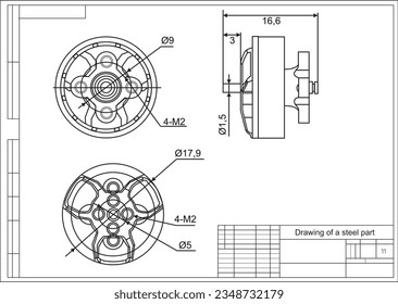 Engineering cad scheme of motor.
Vector drawing of a steel mechanical part with through holes.
Technical background.