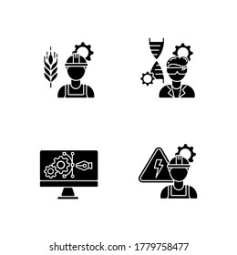 Engineering career type black glyph icons set on white space. Agricultural production specialist. Biotechnology research professional. Silhouette symbols. Vector isolated illustration
