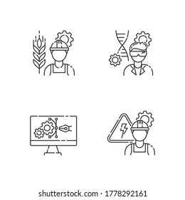 Engineering career type pixel perfect linear icons set. Agricultural production specialist. Customizable thin line contour symbols. Isolated vector outline illustrations. Editable stroke