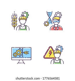 Engineering career type RGB color icons set. Agricultural production specialist. Biotechnology research professional. Medical laboratory worker. Male electrician. Isolated vector illustrations