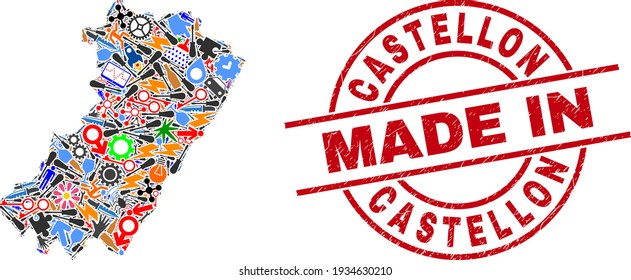 Engineering Castellon Province map mosaic and MADE IN distress stamp seal. Castellon Province map composition formed with wrenches, cogs, screwdrivers, aviation symbols, transports, electric strikes,