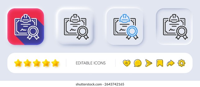 Engineering certificate line icon. Neumorphic, Flat shadow, 3d buttons. Technical documentation sign. Construction award symbol. Line certificate icon. Social media icons. Vector