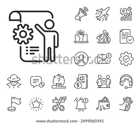 Engineering cogwheel tool sign. Salaryman, gender equality and alert bell outline icons. Settings blueprint line icon. Cog gear symbol. Settings blueprint line sign. Vector