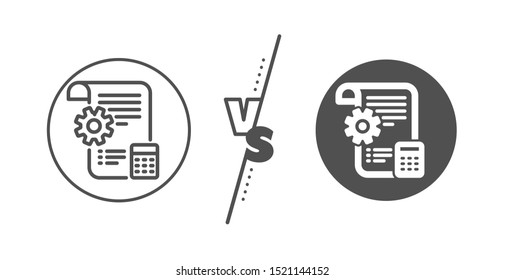 Engineering cogwheel tool sign. Versus concept. Settings blueprint line icon. Cog gear symbol. Line vs classic settings blueprint icon. Vector
