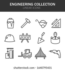 Engineering collection linear icons in black on a white background