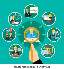 Engineering composition with hand magnifier and conceptual civil engineer images inscribed in circles connected by arrows vector illustration