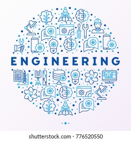 Engineering concept in circle with thin line icons: engineer, electronics, calculations, tools, repair, idea, it server. Modern vector illustration for web page, banner, print media.