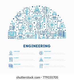 Engineering concept in half circle with thin line icons: engineer, electronics, calculations, tools, repair, idea, it server. Modern vector illustration for web page, banner, print media.